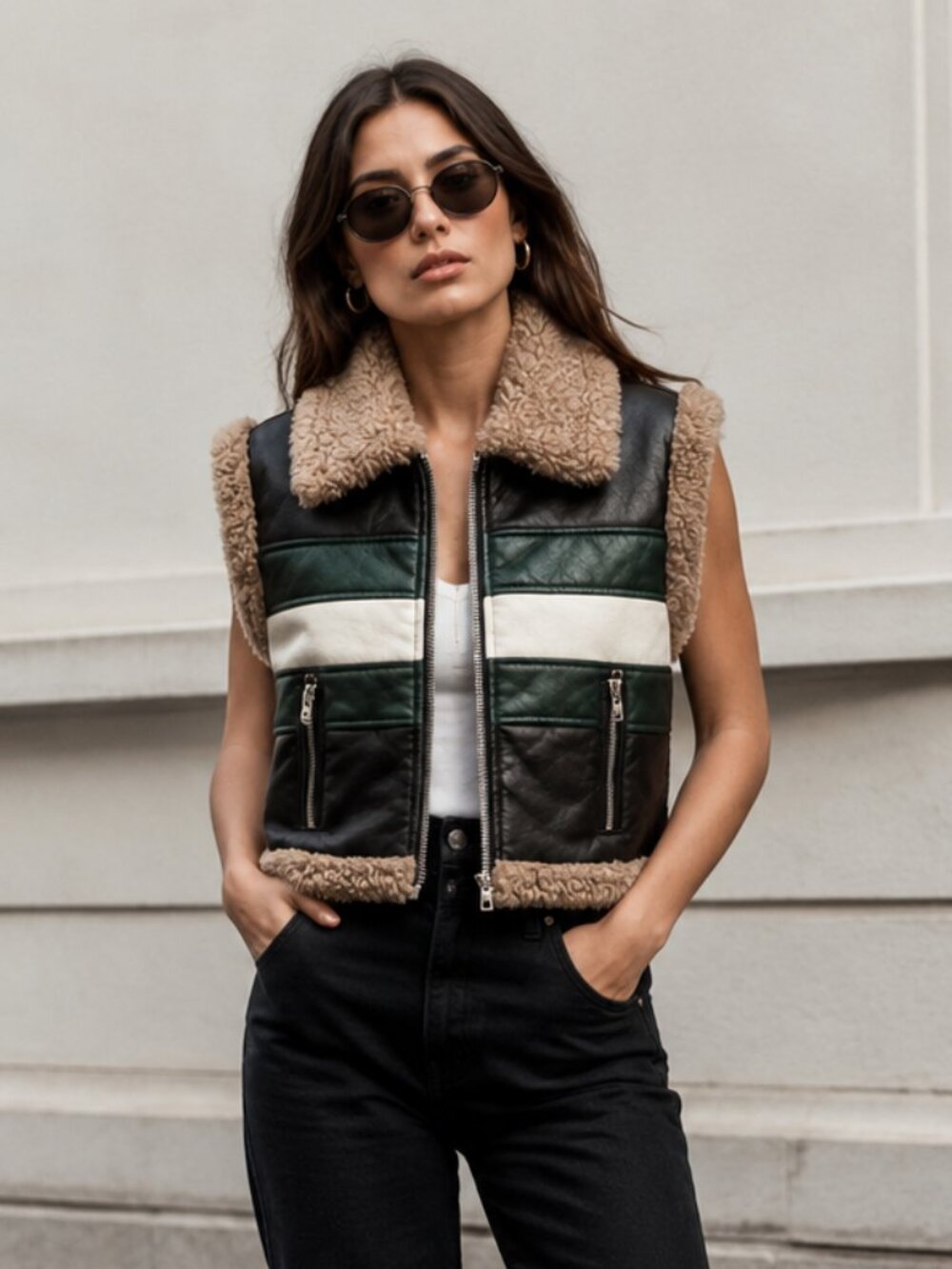 Cali 1850 Faux Leather Cropped Vest Sherpa Lined Green White Black Small